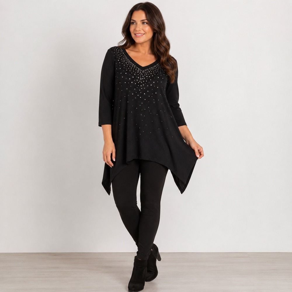 Christine Alexander Black Rhinestone Sharkbite Tunic Top V-Neck 3/4 Sleeve XL